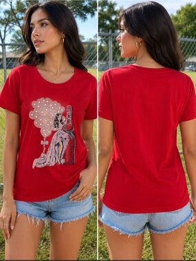 Women’s Red Sequin Graphic Tee - Short Sleeve Casual Top
